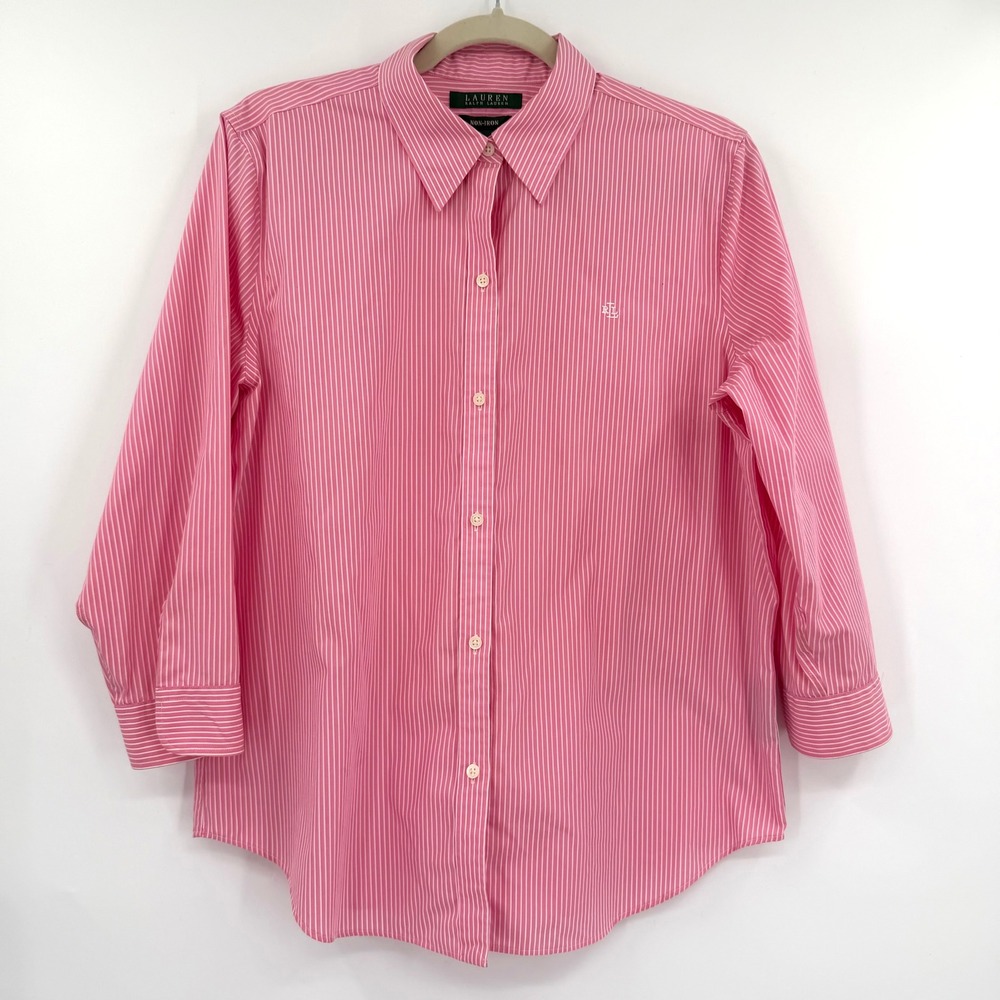 Lauren Ralph Lauren Vintage 100% Cotton Pink Pinstripe Logo Button Down Shirt L
